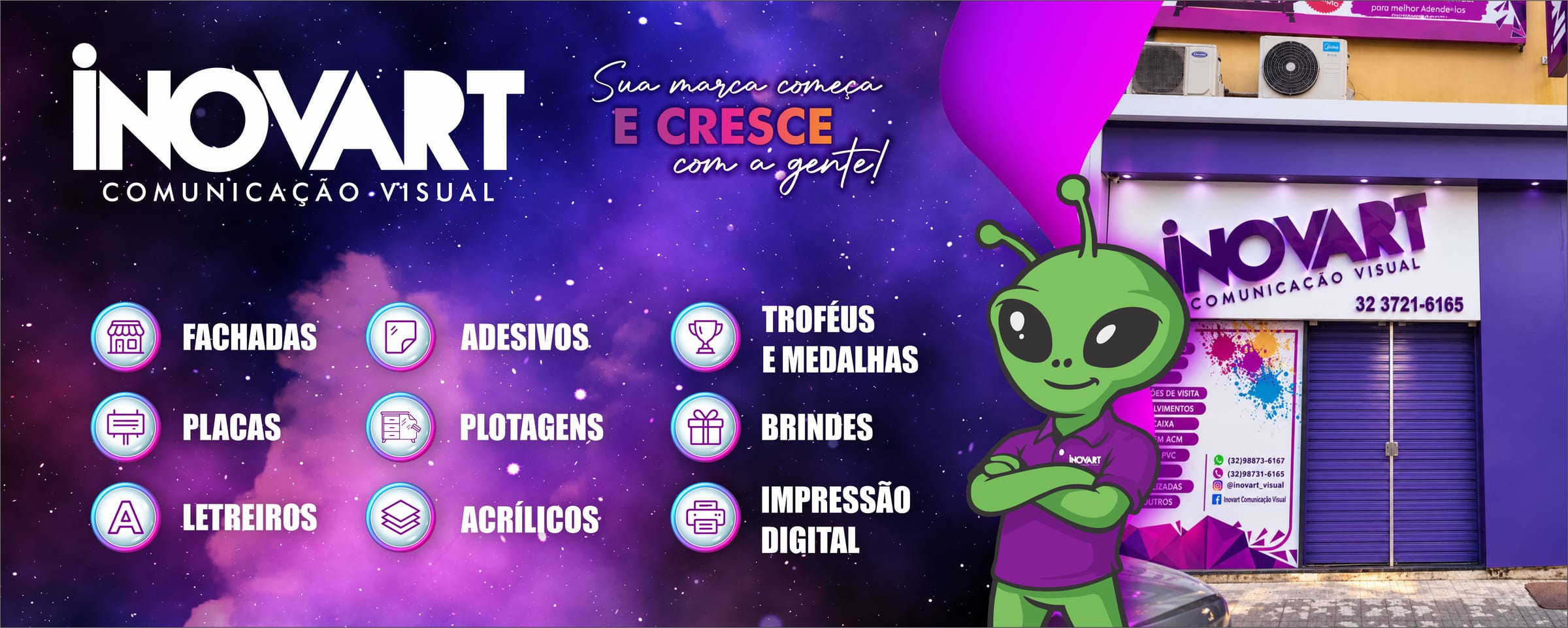Comunicação visual Inovart para fachadas, placas e personalizados