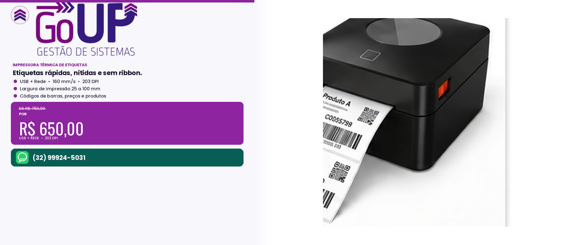 Impressora térmica GoUP 80 mm com USB e rede RJ45