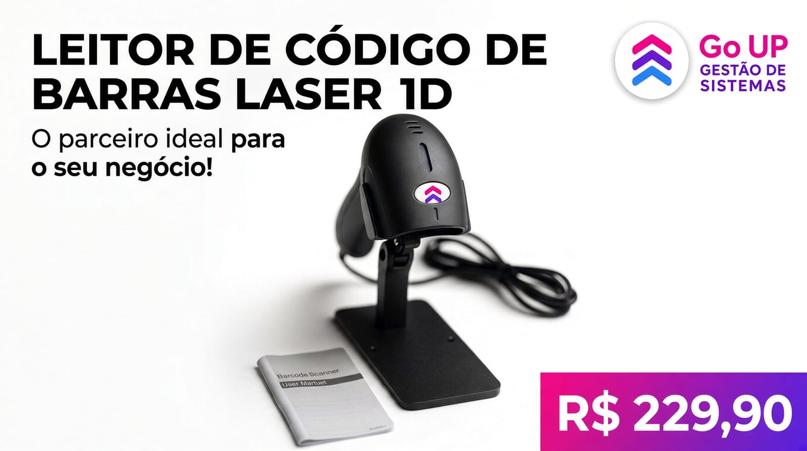 Leitor de código de barras laser 1D com suporte preto